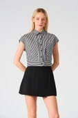 Polo Yaka Crop Çizgili Gömlek SiyahBeyaz - 3