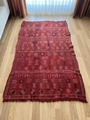 190x120 cm El Dokuma Türk Kilim, Ender Desenli Kırmızı Kilim, Akrep ve Koç Boynuzlu Motifler, Boho Stili Eşsiz Kilim - 1