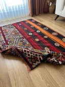 176x126 cm El Dokuma Renkli Kilim, Renkli ve Koç boynuzlu Motif, Ender Tasarım Vintage Halı, Harika Ev Hediyesi - 3