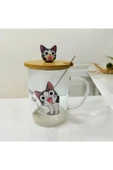 KEDİ  metal kaşıklı bambu kapaklı cam kupa -kapaklı cam bardak - 1