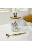 KEDİ  metal kaşıklı bambu kapaklı cam kupa -kapaklı cam bardak - 2