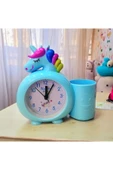 Çocuk odası için unicorn figürlü kalemlikli Masa Saati mavi thumbnail 1