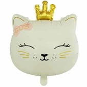 Retro Krem Taç Detaylı Kedi Folyo Balon 46,5x60 cm - 1