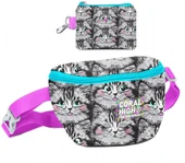 Coral High Kız Çocuk Gri Kedi Desenli Bel Çantası ve Bozuk Para Cüzdanı Set - 1