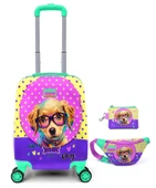 Coral High Kız Çocuk Sarı Pembe Köpek Desenli Valiz Bel Çantası ve Bozuk Para Çantası Seti - 1