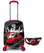 Coral High Siyah Kırmızı Araba Desenli Erkek Çocuk Valizi ve Bel Çantası Seyahat Seti 16738 thumbnail 1