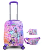 Coral High Pembe Fashion Baskılı Kız Çocuk Seyahat Valiz Bel Çantası ve Bozuk Para Cüzdan Seti 16773 - 1