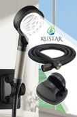 KUSTAR 3'Lü Siyah Çelik Duş Seti Filtreli 5 Fonksiyonlu Duş Başlığı El Duşu 150cm Duş Hortumu ve Duş Askı - 1