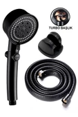 KUSTAR 3'lü Set Siyah 5 Fonksiyonlu Turbo Jet Pervaneli Duş Başlığı Örgülü Hortum Ve Askı - 1