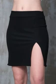 Siyah Yırtmaçlı Mini Etek Esnek Kumaş İç Göstermez Yüksek Bel Boy45cm - 8