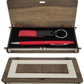 Ahşap Kutulu Kırmızı Anahtarlık ve Kalem Set Hediyelik - 1