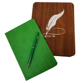 Dekoratif Yeşil Deri Kaplama Defter Ahşap Kutulu Hediyelik Vip Set - 1