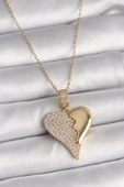 316L Çelik Gold Renk Zincir Zirkon Taşlı Kırık Kalp Model Kadın Kolye - TJ-BKO9757 - 1