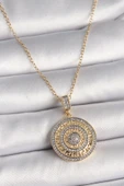 316L Çelik Gold Renk Zincir Zirkon Taşlı Madalyon Model Labirent İşleme Kadın Kolye - TJ-BKO9763 - 1
