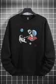macklin Unisex Kadın Erkek Uzaylı Astronot Baskılı Sıfır Yaka Siyah Sweatshirt - 1