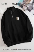 macklin Unisex Bardak El Japon Yazı Baskılı Yarım Fermuarlı Dik Yaka Basic Sweatshirt - 1