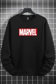 macklin Unisex Kadın Erkek Marvel Yazılı Tasarım Logo Baskılı Sıfır Yaka Siyah Sweatshirt - 1