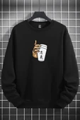 macklin Unisex Kadın Erkek El Bardak Baskılı Sıfır Yaka Siyah Sweatshirt - 1