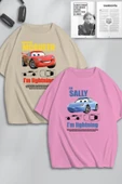 macklin Unisex Kadın Erkek I'm Sally & Mcqueen Cars Baskılı Sevgili Çift Kombini Tasarım Oversize Tshirt 2li - 1