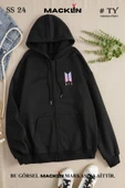 macklin Kadın Kapüşonlu BTS Logo Baskılı Fermuarlı Sweatshirt Polar Ceket - 1