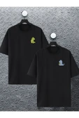 macklin Unisex Kadın Erkek Dinozor Sevgili Baskılı Sevgili Çift Kombini Tasarım Oversize Tshirt 2'li thumbnail 1