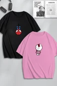 macklin Unisex Kadın Erkek Hello Kitty v Spiderman Baskılı Sevgili Çift Kombini Tasarım Oversize Tshirt 2'li - 1