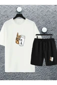macklin Unisex Kadın Erkek Bardak El Japon Yazı Baskılı Oversize Tshirt Ve Şort Eşofman Takımı - 1