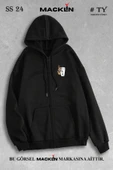 macklin Unisex Kadın Erkek Kapüşonlu Bardal El Japon Yazı Baskılı Fermuarlı Sweatshirt Polar Ceket - 1