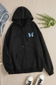 macklin Kadın Kapüşonlu Mavi Kelebek Baskılı Fermuarlı Sweatshirt Polar Ceket - 1