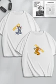 macklin Unisex Kadın Erkek Tom ve Jerry Only You Baskılı Sevgili Çift Kombini Tasarım Oversize Tshirt 2'li - 1