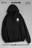 macklin Unisex  Kapüşonlu Savaşçı Miğfer Baskılı Fermuarlı Sweatshirt Polar Ceket - 1