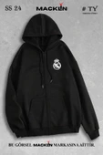 macklin Unisex Kadın Erkek Kapüşonlu Real Madrid Logo Baskılı Fermuarlı Sweatshirt Polar Ceket - 1