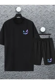 macklin Unisex Kadın Erkek Renkli Gülen Yüz Baskılı Oversize Tshirt ve Şort Eşofman Takımı - 1