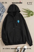 macklin Unisex Kadın Erkek Ateş ve Su Baskılı Kapüşonlu Fermuarlı Sevgili Tasarım Sweatshirt Polar Ceket - 1