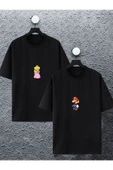 macklin Unisex Kadın Erkek Super Mario Ve Prenses Baskılı Sevgili Çift Kombini Tasarım Oversize Tshirt 2'li - 1