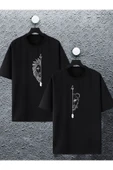 macklin Unisex Kadın Erkek Aslan Baskılı Sevgili Çift Kombini Tasarım Oversize T-shirt 2'li - 1