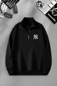macklin Unisex Kadın Erkek NY Baskılı Yarım Fermuarlı Dik Yaka Basic Kazak - 1