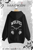 macklin Unisex Kadın Erkek Wolves Sırt Baskılı Kapşonlu Sweatshirt - 1