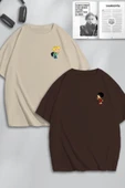 macklin Unisex Kadın Erkek Cedric ve Chen Baskılı Sevgili Çift Kombini Tasarım Oversize Tshirt 2'li - 1