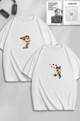 macklin Unisex Kadın Erkek Tazmanya Canavarı Baskılı Sevgili Çift Kombini Tasarım Oversize Tshirt 2'li - 1