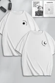 macklin Unisex Kadın Erkek Ay ve Güneş Göğüs Baskılı Sevgili Çift Kombini Tasarım Oversize Tshirt 2'li - 1