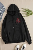 macklin Kadın Kapüşonlu Japon Yazı Kırmızı Çiçekler Baskılı Fermuarlı Sweatshirt Polar Ceket - 1