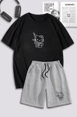 macklin Unisex Kadın Erkek Hello Kitty Hug Me Baskılı Özel Tasarım Oversize Tshirt Ve Şort Eşofman Takımı - 1
