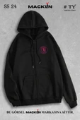 macklin Unisex Kadın Erkek Kapüşonlu Paris Football Logo Baskılı Fermuarlı Sweatshirt Polar Ceket - 1