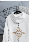 macklin Unisex Kadın Erkek Japon Yazı ve Maske Ön Arka Baskılı Özel Tasarım Baskılı Kapşonlu Sweatshirt - 1