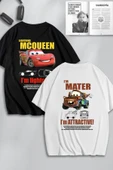 macklin Unisex Cars Şimşek McQueen ve Mater SIRT Baskılı Arkadaş Çift Kombini Tasarım Oversize T-shirt 2li - 1