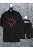 macklin Unisex Kadın Erkek Angel Alev Baskılı Oversize Tshirt ve Şort Eşofman Takımı - 1
