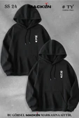 macklin Sevgili Çift Kombin K ve Q Göğüs Baskılı Baskılı Özel Tasarım Kapüşonlu Sweatshirt 2li Set Takım - 1