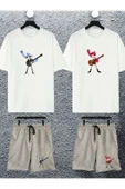 macklin Unisex Kadın Erkek Mordecai Margaret Baskılı Sevgili Çift Kombini Tasarım Oversize Tshirt Şort 4lü - 1