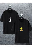 macklin Unisex Kadın Erkek Sylvester & Tweety Baskılı Sevgili Çift Kombini Tasarım Oversize T-shirt 2'li - 1